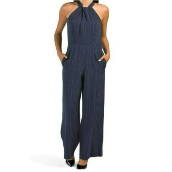 NWT JULIA JORDAN Sleeveless Twist Halter Neck Wide Leg Striped Jumpsuit - Picture 2 of 10